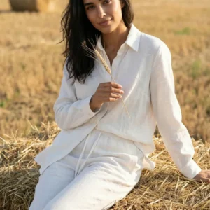 White Solid Print Shirt Collar Pure Cotton Co-Ord Set For Women