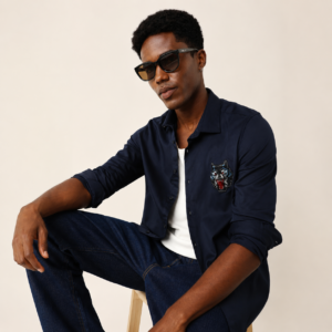 POFEN Navy Blue Embroidered Formal Shirt for Men | The Bear House
